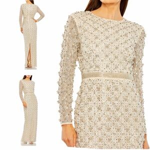 New! MAC DUGGAL Champagne Ivory & Silver Beaded Long Sheer Sleeve Evening Gown